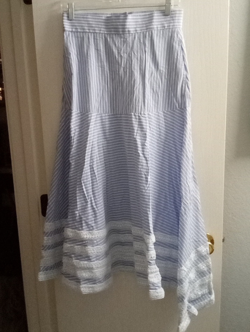Striped Light Blue & White High-Low Skirt with Lace Trim